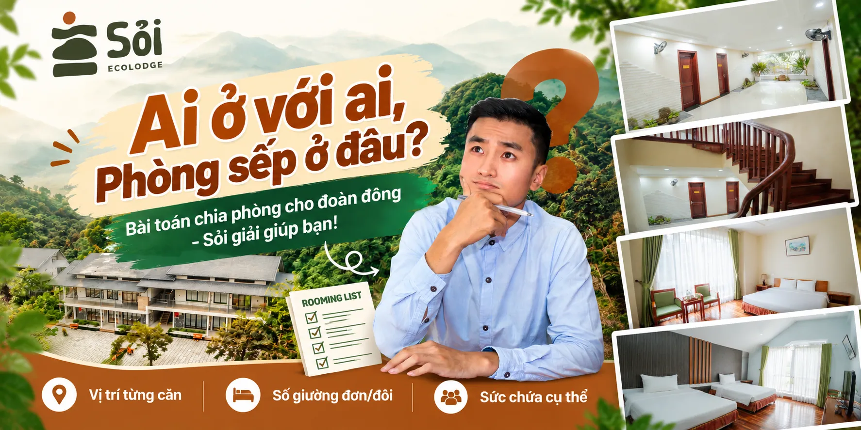 Phân phòng đoàn du lịch công ty 100–300 khách | Sỏi Ecolodge